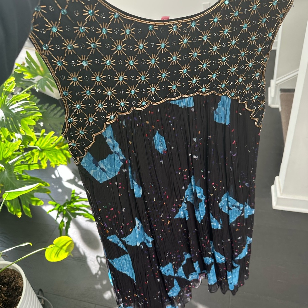 Anthropologie Moulinette Soeurs Black Dress with Blue and Gold Accents
